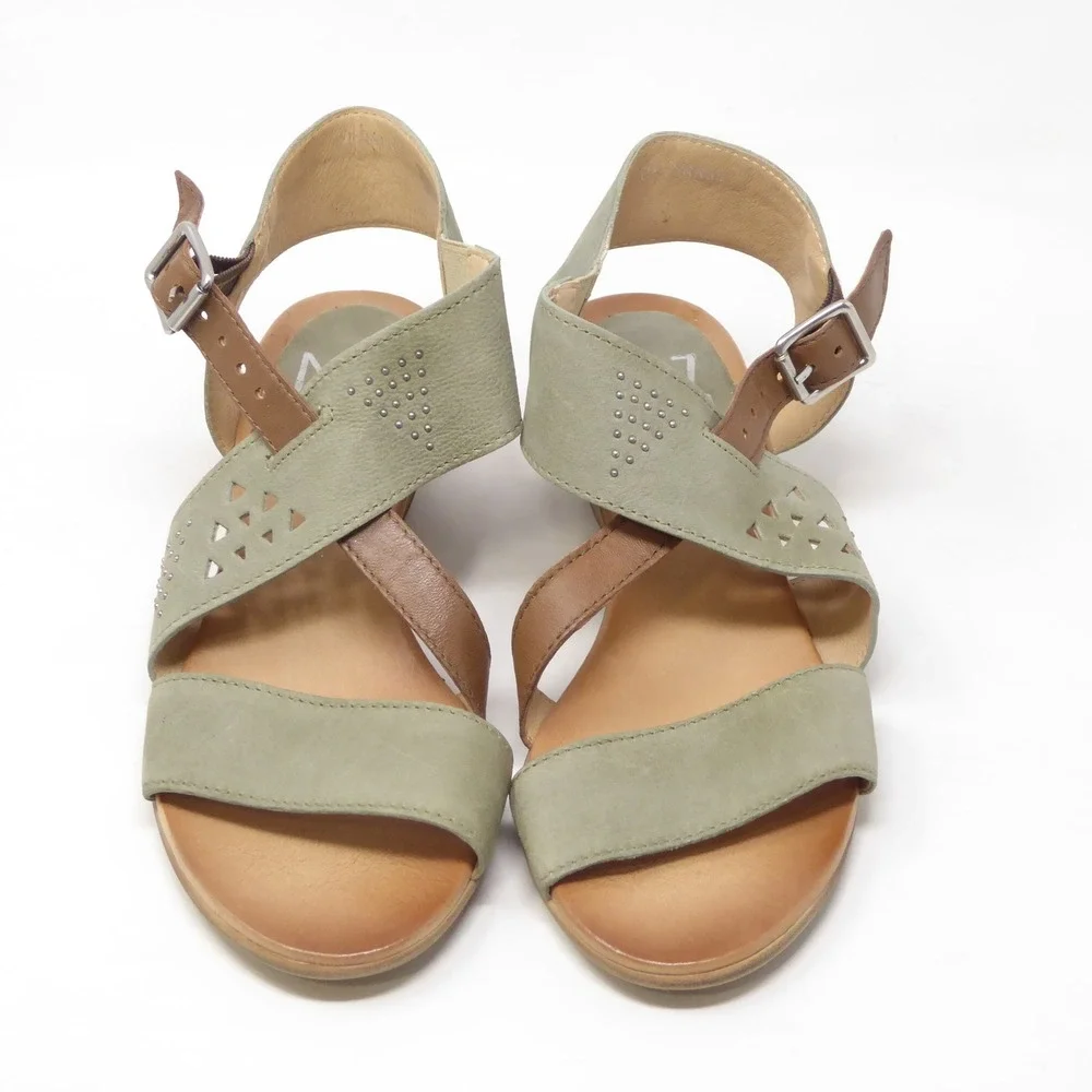 Miz Mooz Womens Sandals Green Leather Cienna Strappy Low Wedge Heels 38 / 7.5
